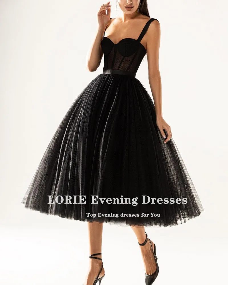 LORIE Black Prom Dresses Spaghetti Strap A-Line Tulle Tea Length New Fashion Short Evening Wedding Party Gown for Graduation