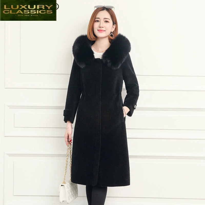 

Female Coat Women's Fur Winter Jacket Women 2021 Natural Fox Fur Sheep Shearing Coats Long Warm Real Wool Jackets 00618