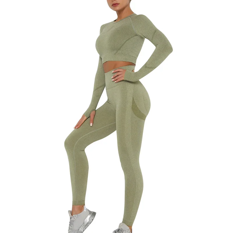 Seamless Women Gym Set Long Sleeve Top Belly Control High Waist Sport Leggings Gym Clothes Girls Tracksuit Sport Suit Sportwear