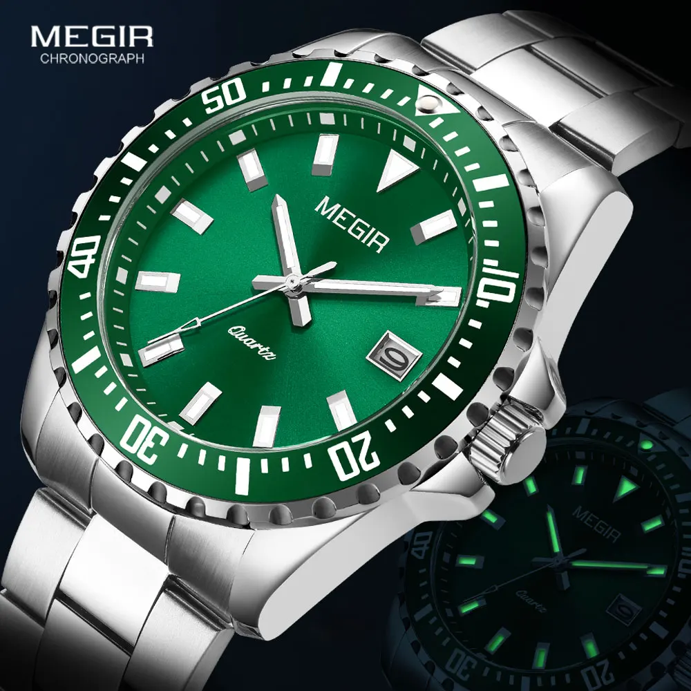 MEGIR Business Watch for Men Waterproof Quartz Watches Stainless Steel Green Dress Wristwatch relogio reloj часы orologi montres