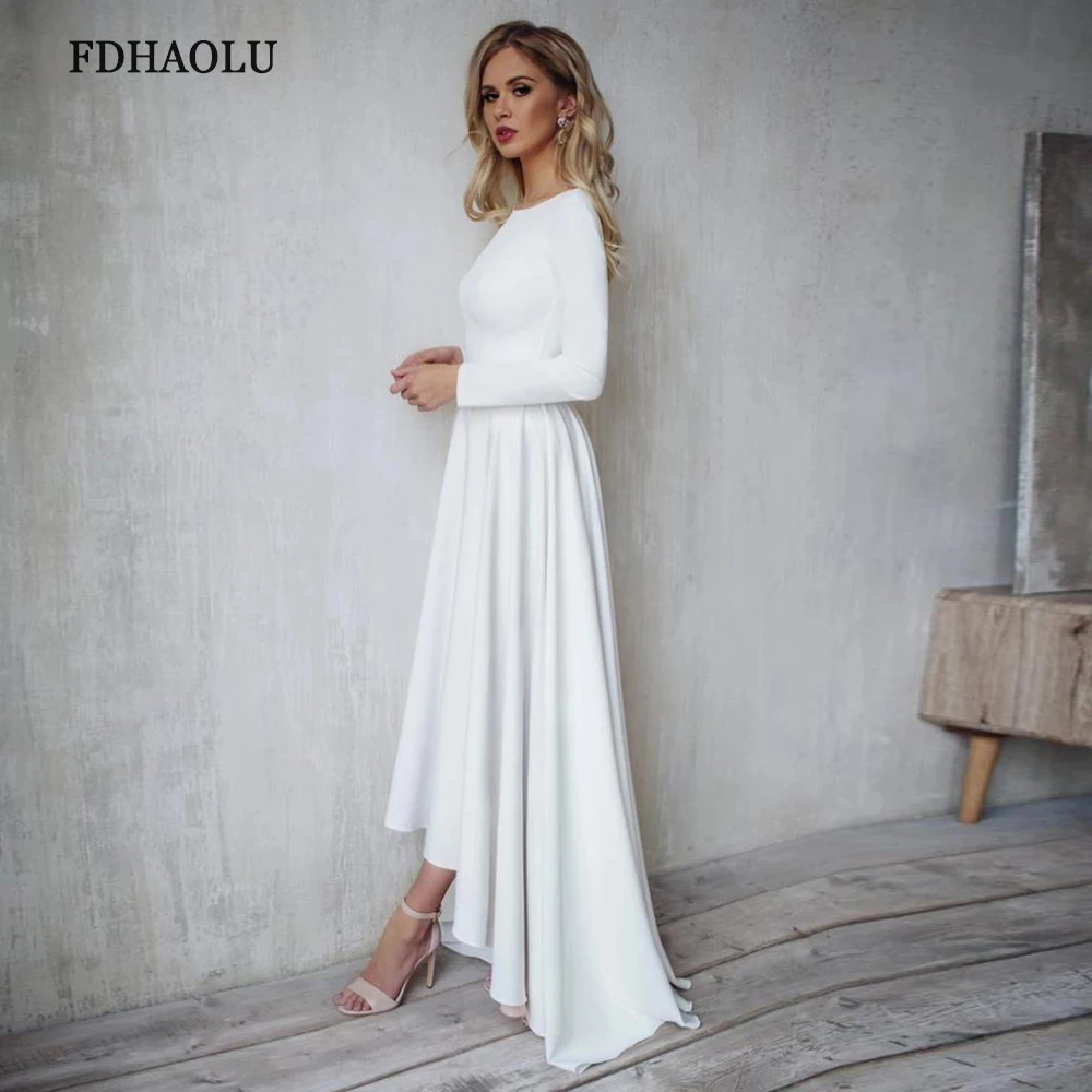 FDHAOLU FU157 White Long Sleeve Soft Satin Wedding Dresses 2023 Open Back High/Low Beach Boho Bride Gowns A-line Party Dress