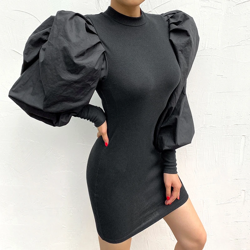 

Ribbed Knit Vintage Long Puff Sleeve Patched Mini Y2k Dresses For Women Winter NiceBodycon Lady Short Black Sheath Party Dress