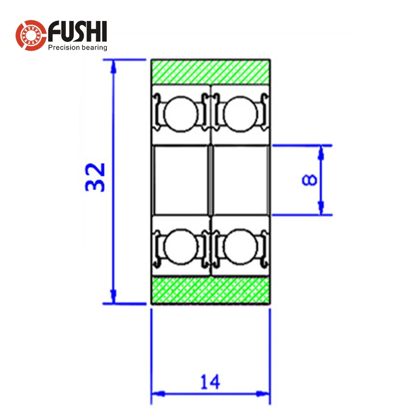 PU 608 bearing 8*32*14 mm Shaft 8mm PU Pulley Roller With Two Bearings low noise Polyurethane Guiding Wheel Pinch Roller