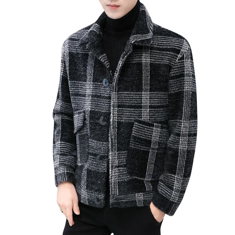 Mens Casual Slim Woolen Coat Single Breasted Plaid Pockets Turn-Down Collar Spliced Fashion Spring Autumn Jackets M-3XL