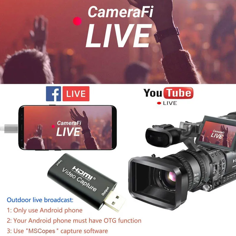 Tarjeta de captura de vídeo HDMI, dispositivo de captura de juegos USB 2,0, caja de grabación de Streaming en vivo para PC, PS4, cámara HD