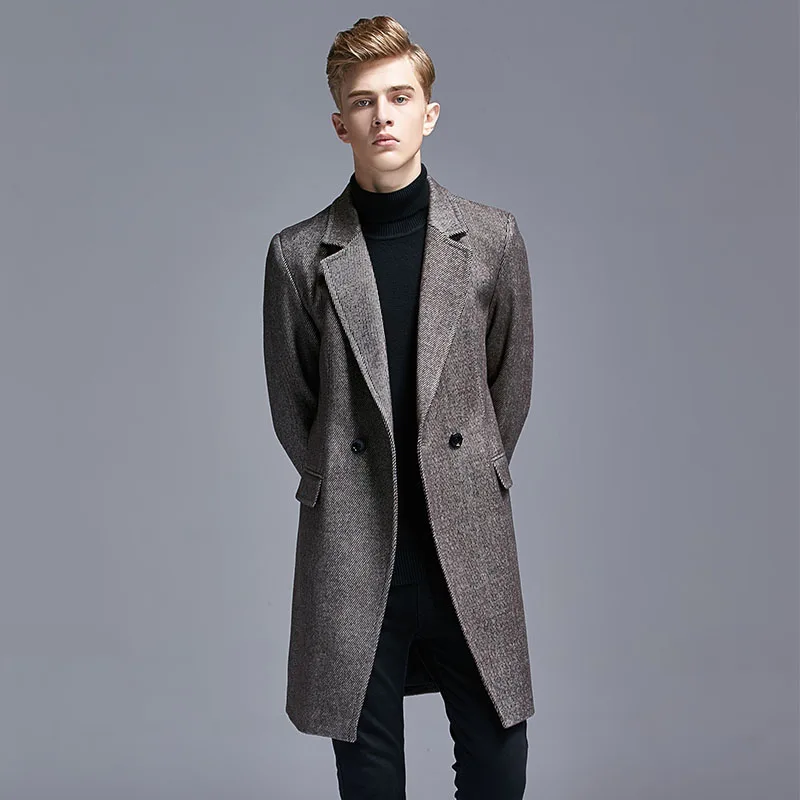 

Spring Handsome Men Wool Duffle Coat Slim Fit Middle Long Coat Woolen JacketTrench Coat Casual Business Mens Coats and Jackets