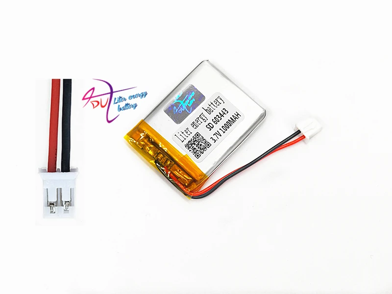 JST 2.0mm 2pin 3.7V 1000mAh battery with connector Lithium Polymer Li-Po Rechargeable Battery 603443 Cell For Mp3 GPS Speaker