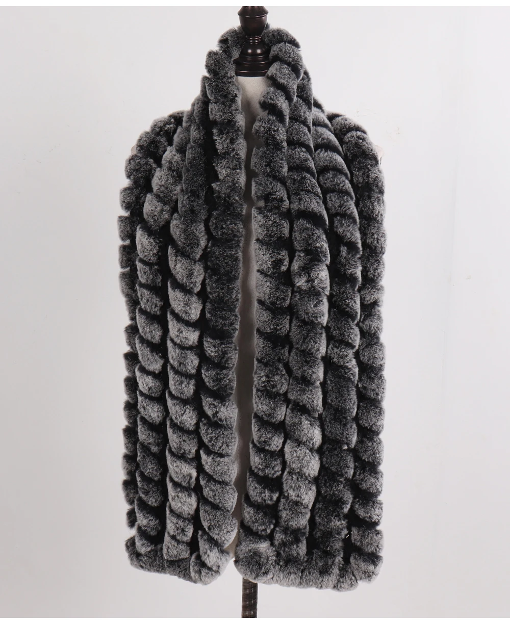 Neue Marke Gestrickter Modischer Damen Echt Rex Kaninchenfell Schal Frauen Winter Warmer Natürlicher Pelzschal Langer Stil Echter Pelz Halswärmer – Detail 4