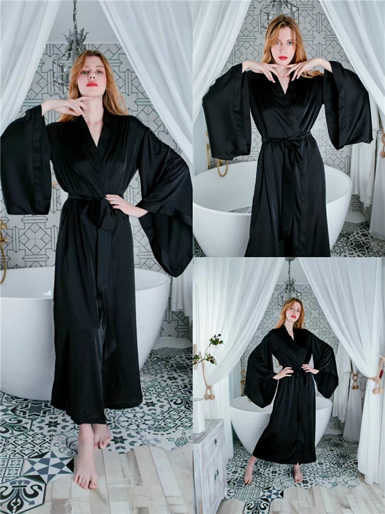 Morning Gowns Pajamas Female Custom Made Pagoda Sleeves Soft Silk Stretch Nightgown Sexy V Neck Wedding Cape Cloak Comfortable