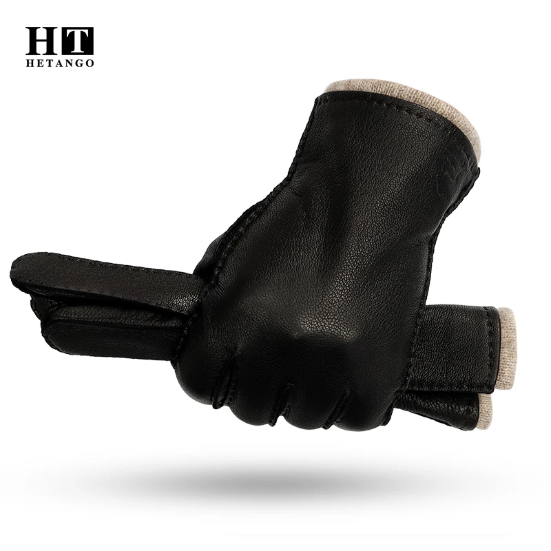 

Winter Men's Genuine Leather Gloves Hand-Stitched Deerskin Warm Wear-Resistant Classic Fashion Style Mittens 70% Wool Lining