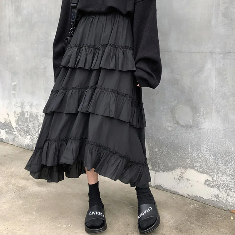 Qiukichonson Midi długie spódnice damskie długa spódnica Goth Lolita lato wysokiej zwężone asymetryczne wysokie niskie Ruched spódnice z falbanami rok — zdjęcie 3