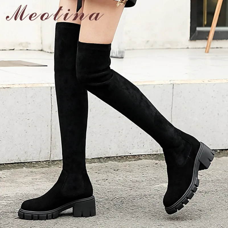 Meotina Winter Thigh High Boots Women Natural Genuine Leather Thick High Heel Over The Knee Boots Slim Stretch Shoes Lady Autumn