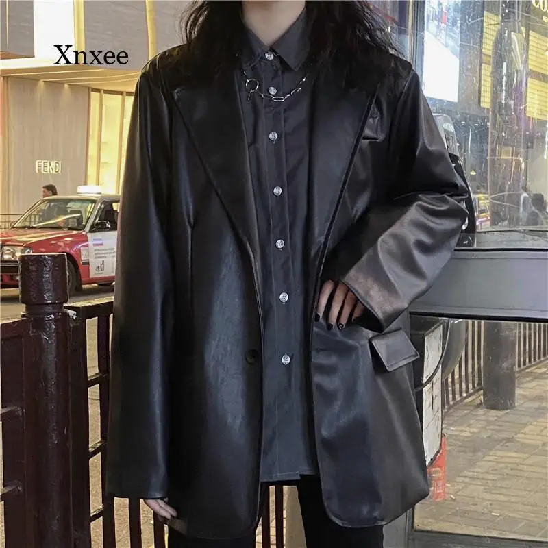 2021 Retro Black Leather Motorcycle Jacket Warm Female Loose Long-Sleeved Suit Jacket Fashion Street Women\'s Spring Jacket