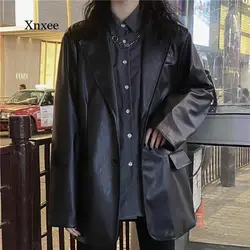 2021 Retro Black Leather Motorcycle Jacket Warm Female Loose Long-Sleeved Suit Jacket Fashion Street Women's Spring Jacket