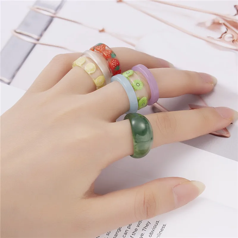5Pcs 7Pcs Set New Ins Colorful Transparent Resin Acrylic Geometric Irregular Square Rings Sets For Women Travel Jewelry