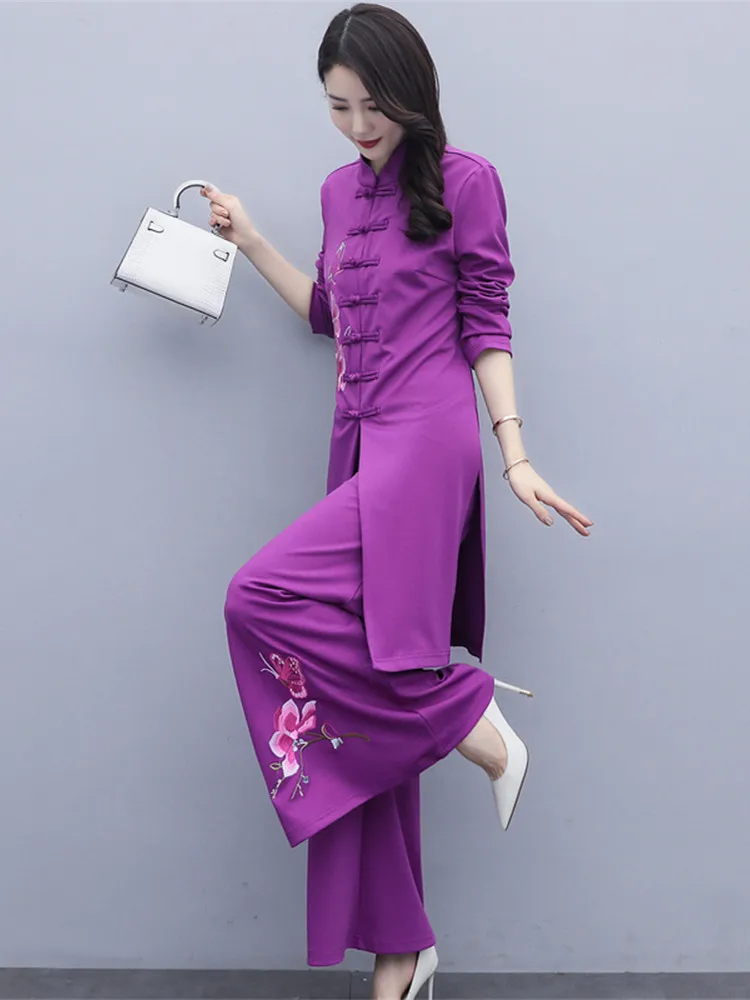 Chinese Style Two Piece Set Women Fashion National Embroidered Wide Leg Pants Clothing Vintage 2022 Suit Conjuntos De Mujer