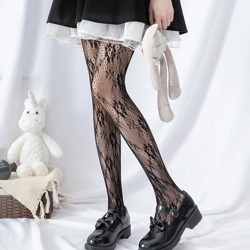 Women Lolita Mesh Stockings Hollowed Out Lace Pantyhose Japanese Lolita Retro Floral Rattan White Stocking Hot Classic Tights