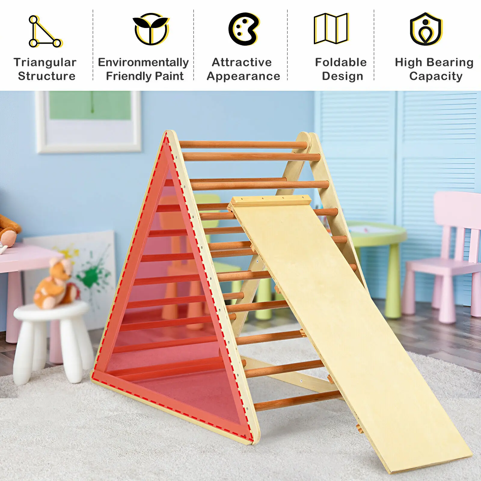 Triangle d'escalade pliable en bois pour l'intérieur, maison d'escalade avec échelle pour bébé en bas âge TY327400NA