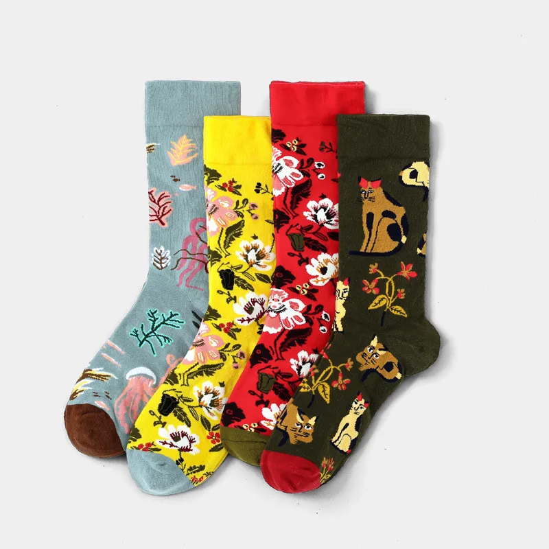 Fashion Retro Flower Abstract Art Female Socks Combed Cotton Cozy Warm Women Men Socks Autumn Winter Funny Happy Casual Sock Sox