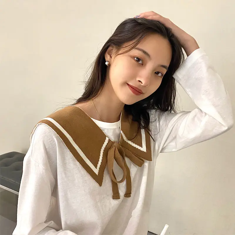 Women Shrugs Printed Autumn All-match Korean Preppy Style Chic Drawstring Knitted Top Student Trendy Sweet Striped Fake-collar