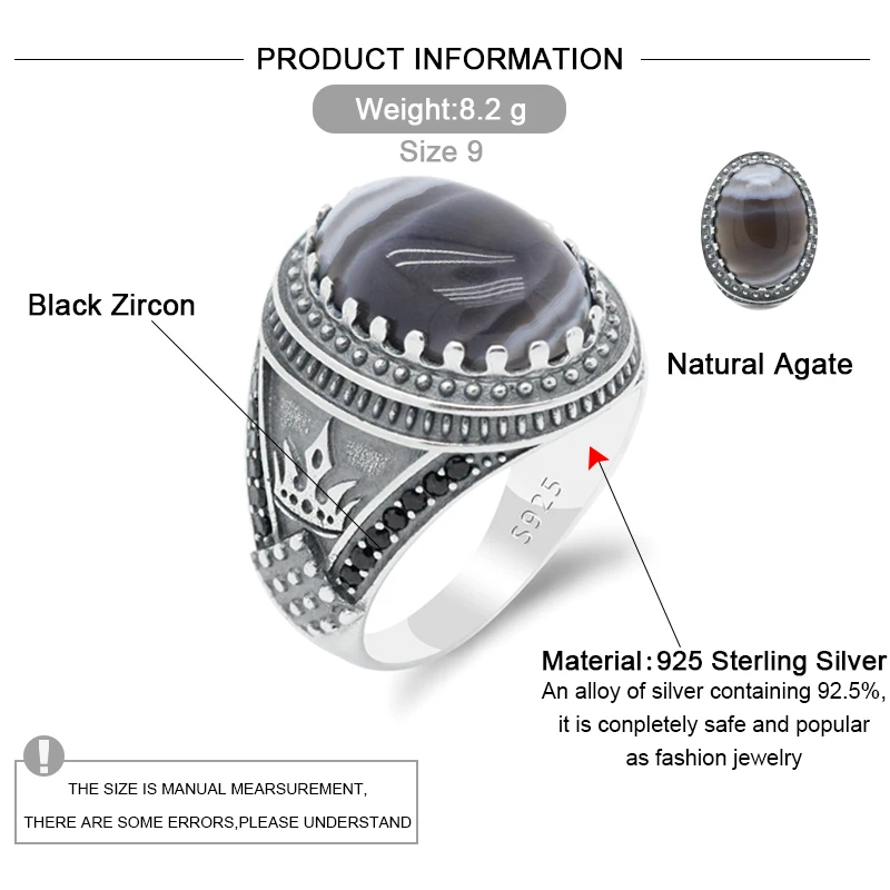 Natural Agate Stone Real Pure 925 Sliver Ring For Men Wedding/Party Ring Clawn Signet Ring Fashion Jewelry Gift For Men