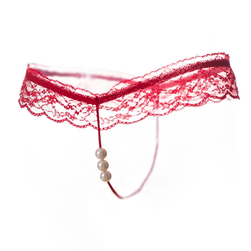 Sexy Lingerie Women Lace Panties Thongs Pearl Pendant Lace Embroidery G-String T-Back Briefs Underwear Free Size Ladies Panties