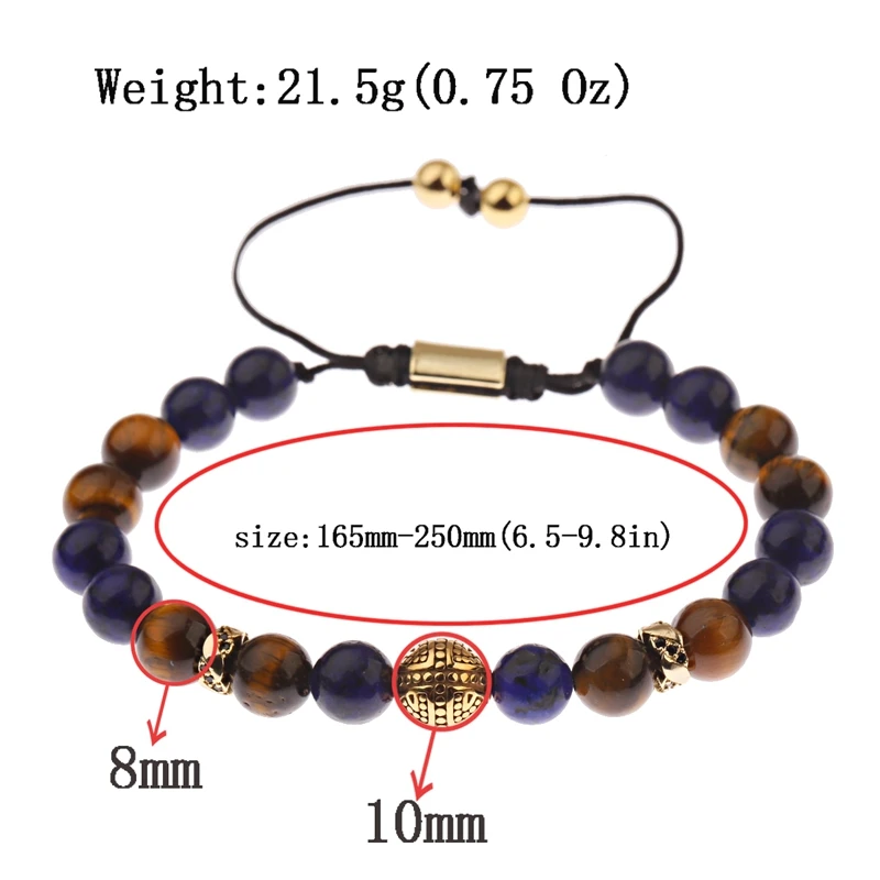 New Round Stainless Steel Beads Weaving Bracelet Homme Men Tiger Eye Beads Bracelet Adjustable Dropshipping