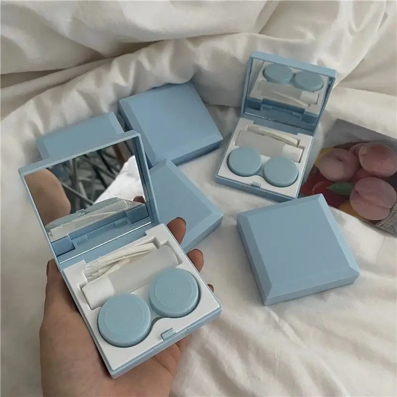 Eye contact lens case for men and women cute mini solid color contact lens container eye care kit lens with tweezers