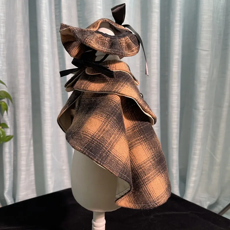 Handmade Dog Clothes Cloak Cape Pet Costume Scotch Tartan With Cap British Detective Style Gentleman Warm Soft Walks Holiday