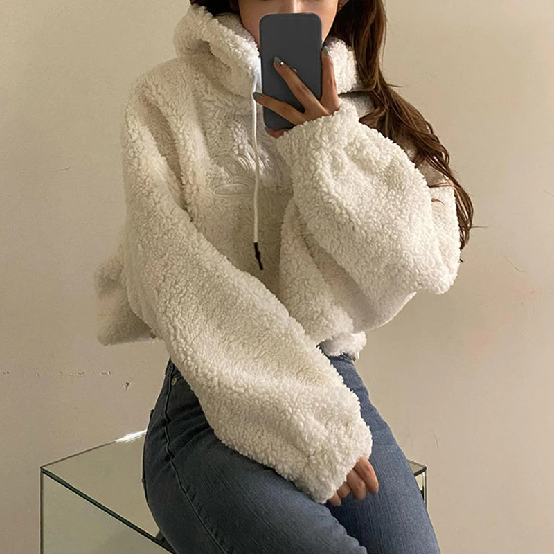 Autumn Warm Faux Lamb Fur Oversized Hoodie Black White Women Fleece Sweatershirt Crop Top Loose Pullover Cute Hairy Sweat Femme