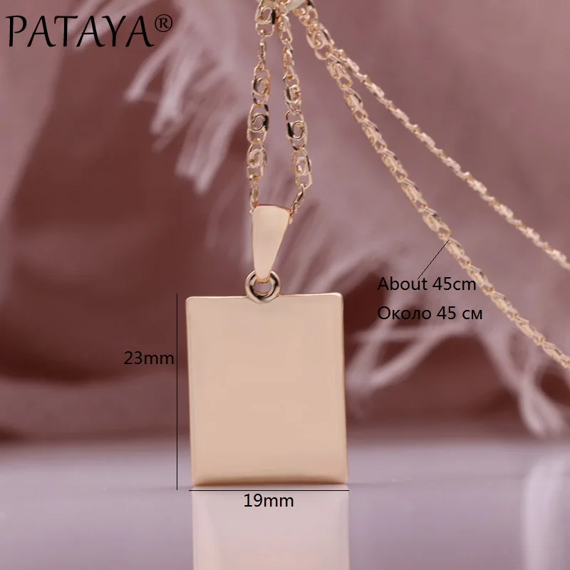 PATAYA New Hot Square Glossy Long Necklaces 585 Rose Gold Color Wedding Classic Simple Fashion Jewelry Retro Couples Pendants