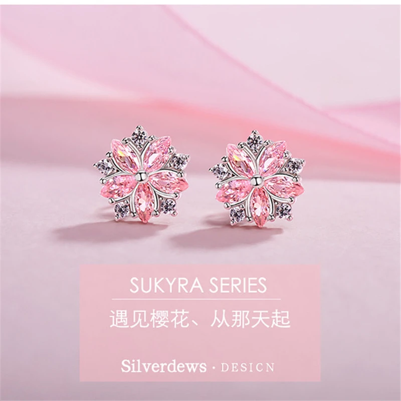 Bohemia Crystal Female Pink Snowfalke Earrings Wedding Jewelry Boho Small Sakura Flower Stud Earrings For Women Exquisite gift