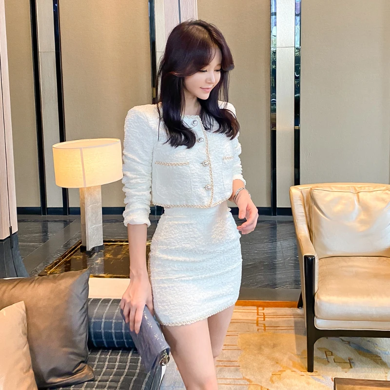 New Autumn Winter Women Fashion Suits 2 Piece Sets Long Sleeve Single-Breasted White Short Coat And Elegant Mini Bodycon Skirt