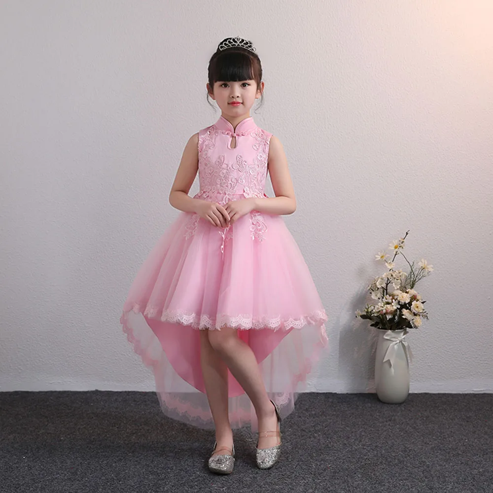 High Collar Lace Flower Girl Dresses Fashion Occasion Party Dress High Low With Back Bow