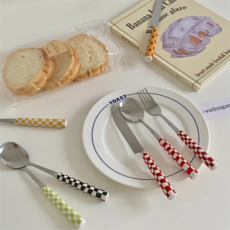 Ins Style Dessert Steak Stainless Steel Knife Fork Spoon Kitchen Dinnerware Checkerboard Lattice Glossy Ceramic Handle 3pcs/set