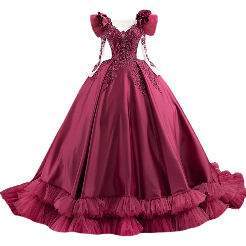 Wijn Prom Jurken V-hals Lange Prom Dresses Bisschop Mouwen Lace Tulle Kralen Quinceanera Jurken 2022