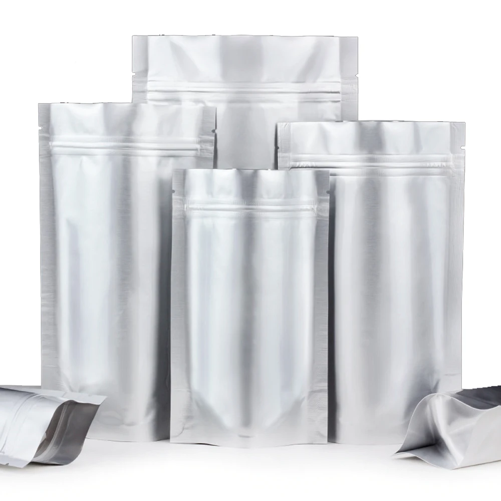 100Pcs Silver Zip Lock Pure Mylar Foil Stand Up Bag Self Seal Reusable Resealable Tear Notch Doypack Food Storage Pack Pouches