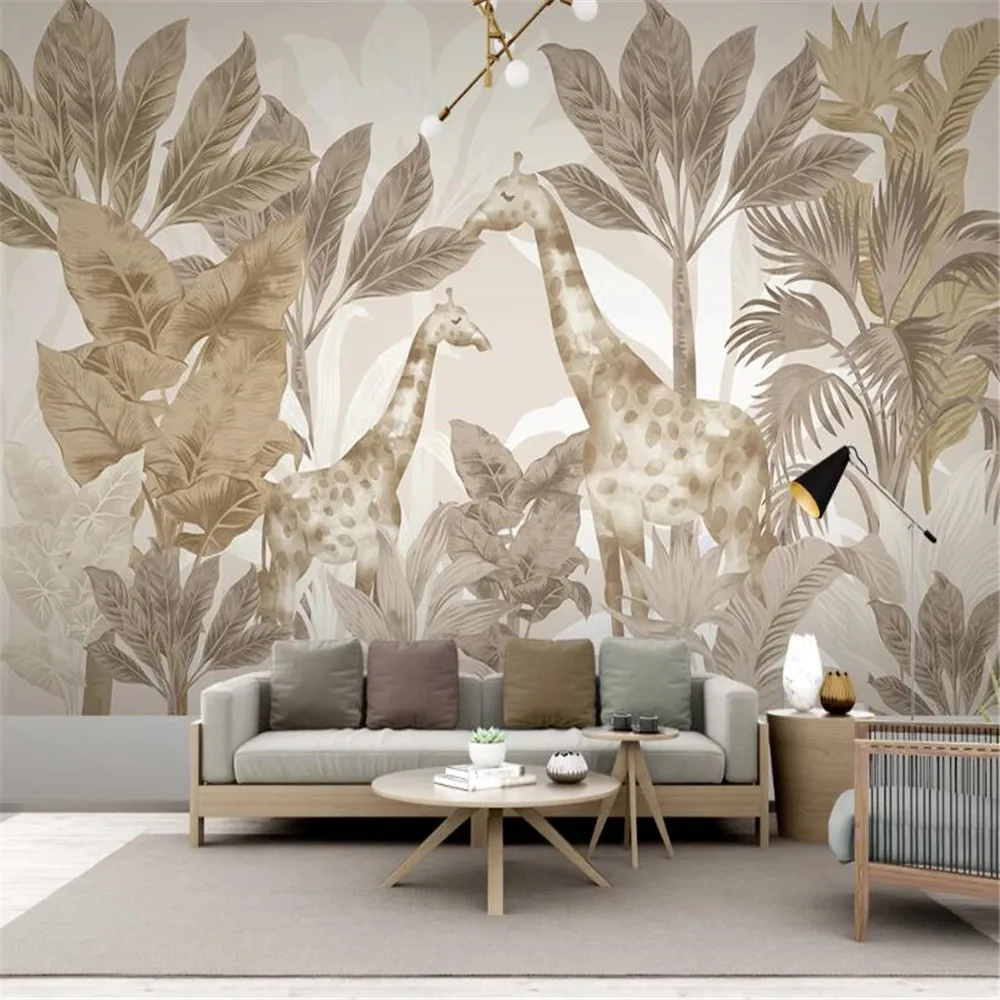 

Milofi custom 3D printing wallpaper mural hand-painted Nordic tropical plants giraffe forest animal decoration background wall