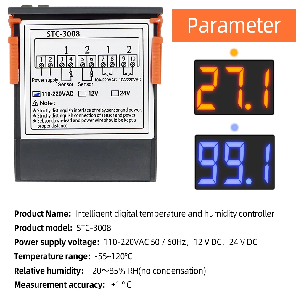 STC-3008 Digital Temperature Controller AC 110V 220V DC 12V 24V Dual Hygrometer Heating Cooling Two Relay Output AC Relay