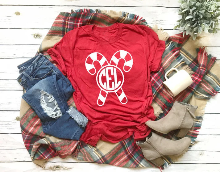 

Casual Red Festive Celebrate Gift T-shirt Tees Monogram Candy Cane Shirt Women Christmas Slogan Graphic Aesthetic Tumblr