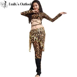 Sexy Belly Dance Practice Clothes Women Neopard Long Sleeve Shirt Cut Out Leggings Team Dance Show Wear For New Beginner Costume