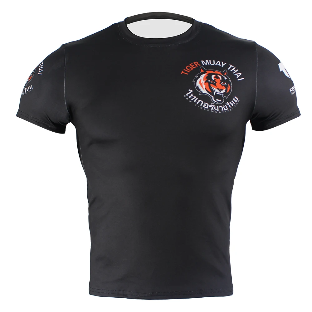 Black stretch fabric fitness sports fierce t shirt MMA Boxing jerseys tiger muay thai rashguard jiu jitsu sauna suit king boxing