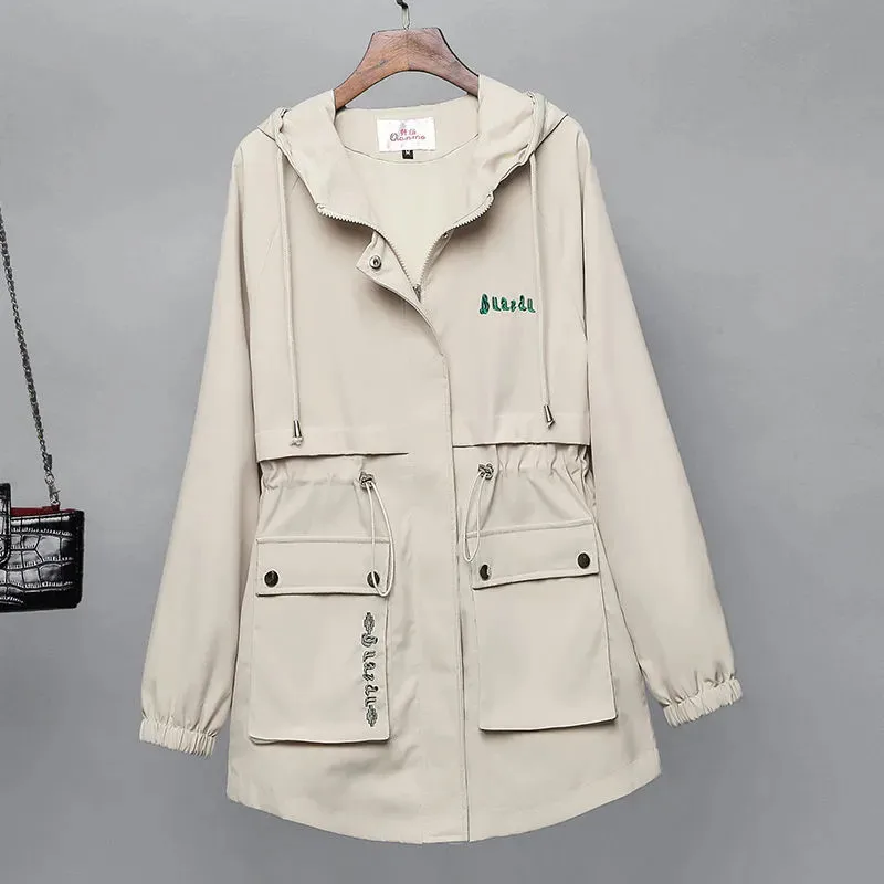 Women's Windbreaker Coat Spring AutumnThin Loose Hooded Tooling Jacket Ladies British Windbreaker Overcoat Ladies Tops Y719