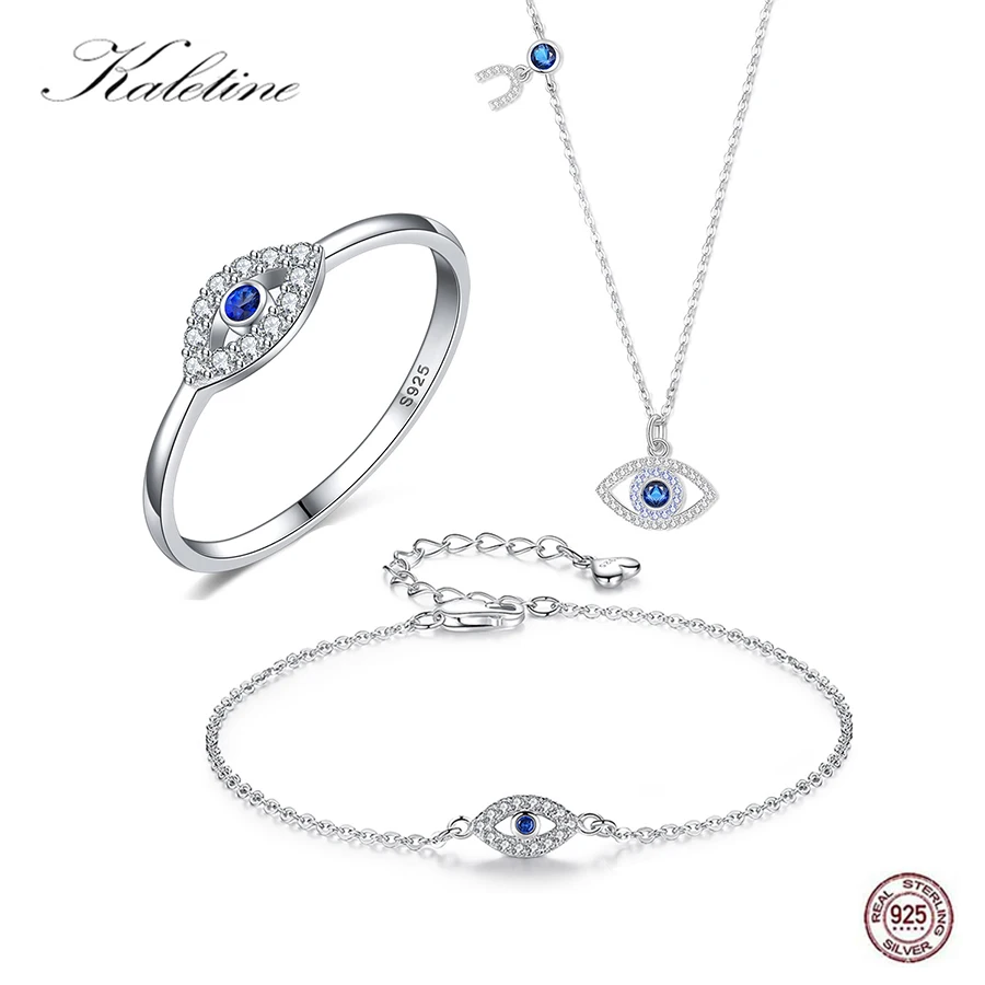 KALETINE Evil Eye Bracelet Ring 925 Sterling Silver Jewelry Sets Blue Stone Necklace Sets Lucky Turkey Jewelry 3 Piece Set Women