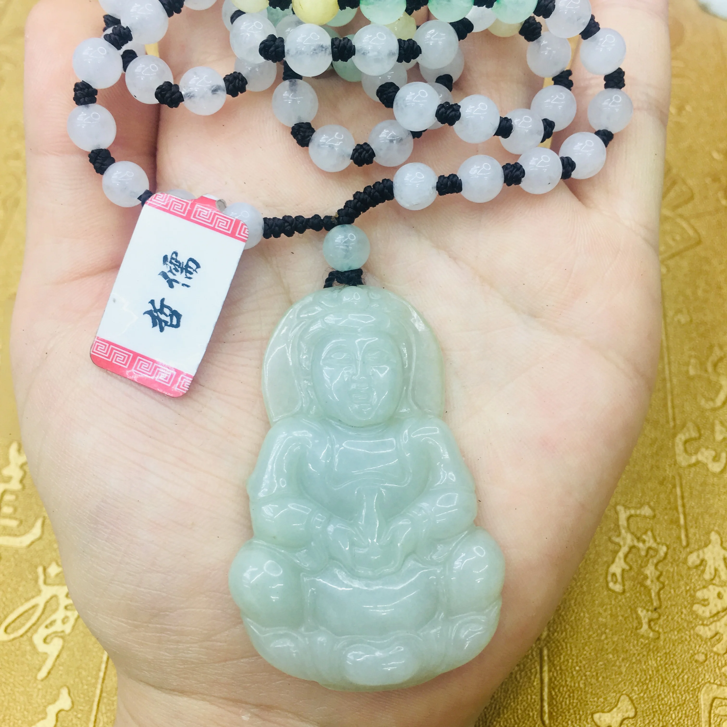 Natural JADESt Pendant Carved Stereo Guanyin Pendant with three colored beads chain Men's Pendant Chain