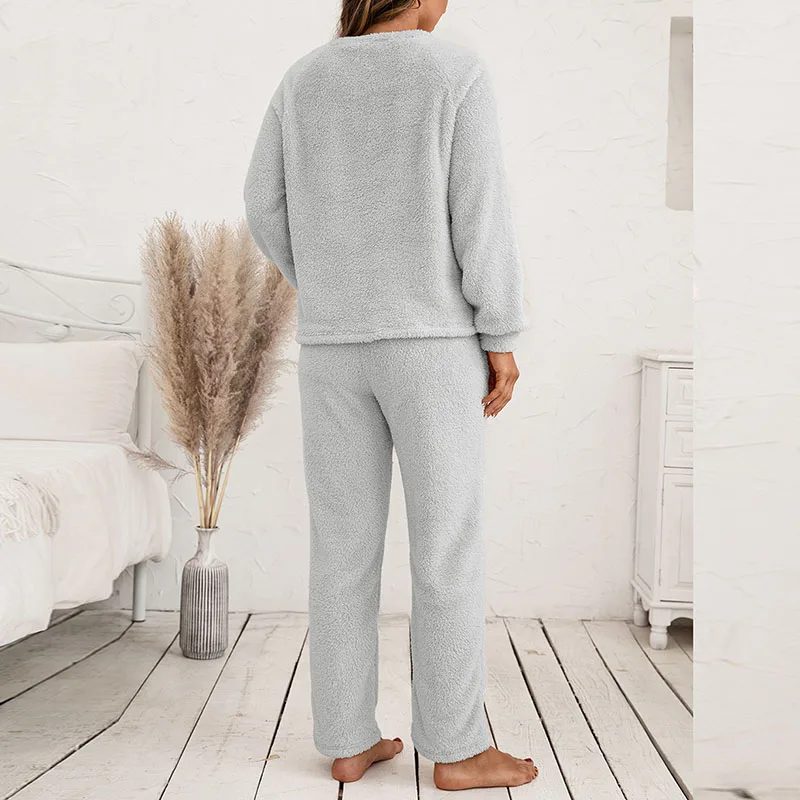 Ensemble pyjama d'hiver en polaire pour femmes, vêtements de nuit chauds, décontractés, en peluche, couleur unie, manches longues, pantalon, vêtements de maison, nouvelle collection