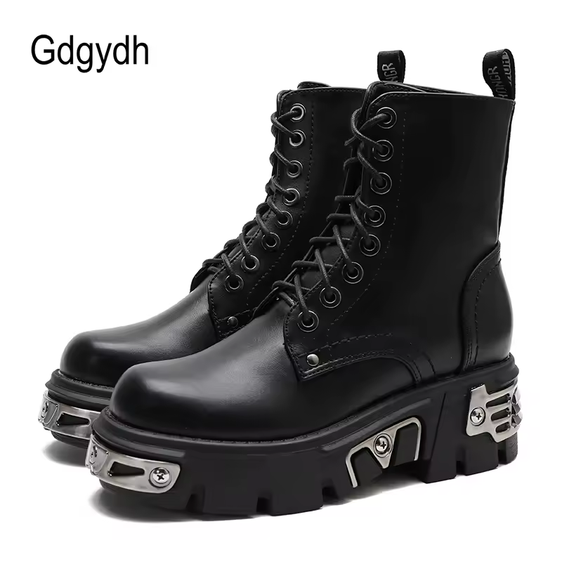 Gdgydh Darkness Punk Style Plateau Damen Stiefeletten Blockabsatz Schwarz Metall Dekor Damen Motorradstiefel Schnürung Top Qualität