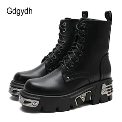 Gdgydh Darkness Punk Style Platform Women Ankle Boots Chunky Heel Black Metal Decor Women's Motorcycle Boots Lace UP Top Quality