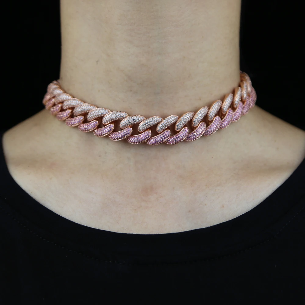 Bling 16mm Rose Gold Miami Cuban link Chain Pink Iced Out White Cubic Zirconia Two Tone Colored Hip Hop Fashion Choker Necklace