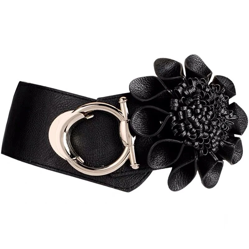 H3275 Black Waistband Ladies Elastic Wide PU Leather Waist Belt Women Korean Simple All-match Flower Casual Fashion Waist Seal